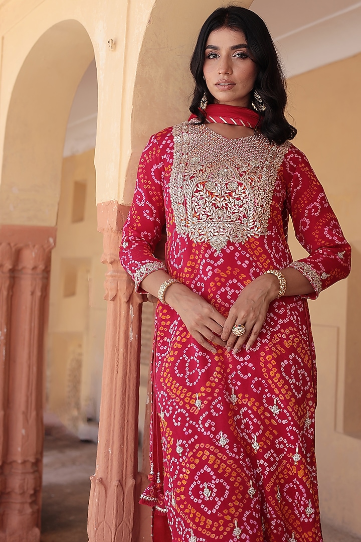 Red Georgette Gota Patti & Pearl Embroidered Kurta Set by Zari Jaipur at Pernia's Pop Up Shop