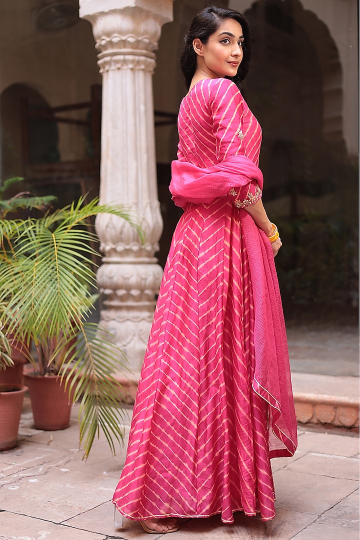 Dark Pink Chanderi Zardosi Embroidered Leheriya Party Wear Anarkali With Dupatta by Zari Jaipur at Pernia's Pop Up Shop
