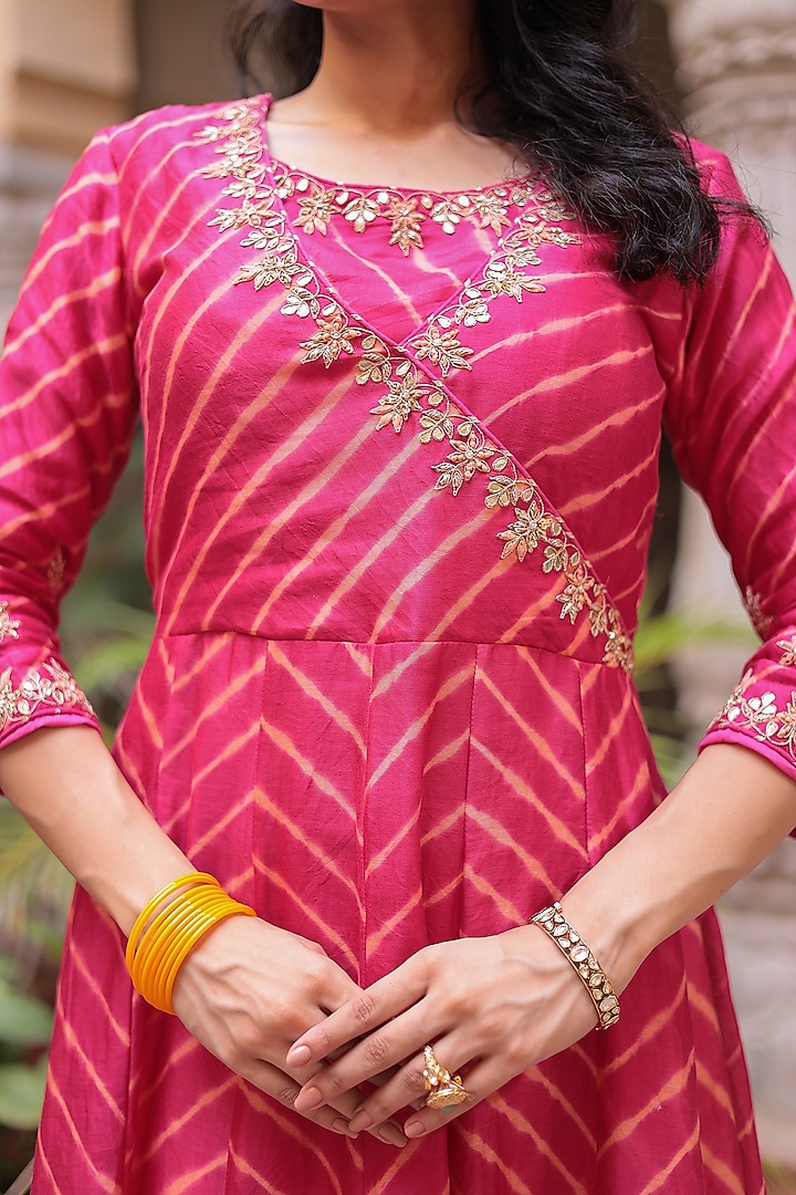 Dark Pink Chanderi Zardosi Embroidered Leheriya Party Wear Anarkali With Dupatta by Zari Jaipur at Pernia's Pop Up Shop