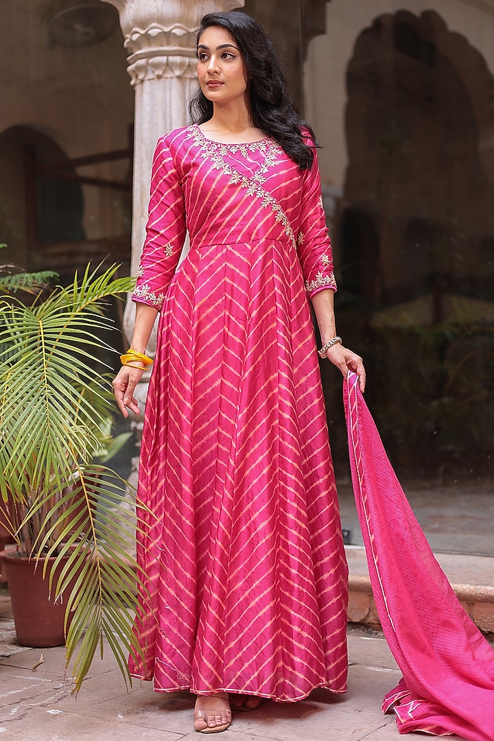 Dark Pink Chanderi Zardosi Embroidered Leheriya Party Wear Anarkali With Dupatta by Zari Jaipur at Pernia's Pop Up Shop