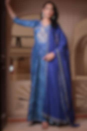 Dark Blue Chanderi Gota Patti Embroidered Leheriya Anarkali With Dupatta by Zari Jaipur at Pernia's Pop Up Shop