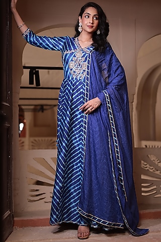 Dark Blue Chanderi Gota Patti Embroidered Leheriya Anarkali With Dupatta by Zari Jaipur
