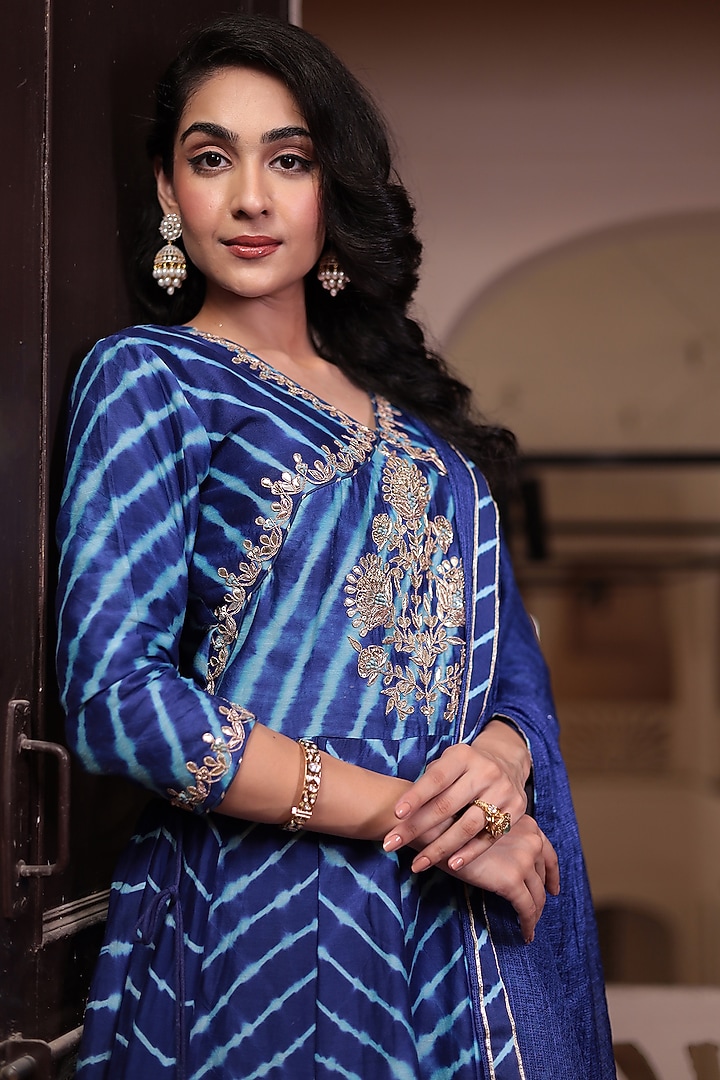 Dark Blue Chanderi Gota Patti Embroidered Leheriya Party Wear Anarkali With Dupatta by Zari Jaipur at Pernia's Pop Up Shop