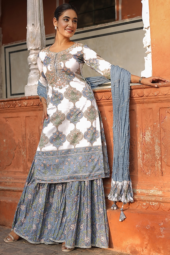 White Chanderi Printed & Zardosi Embroidered Sharara Set by Zari Jaipur at Pernia's Pop Up Shop