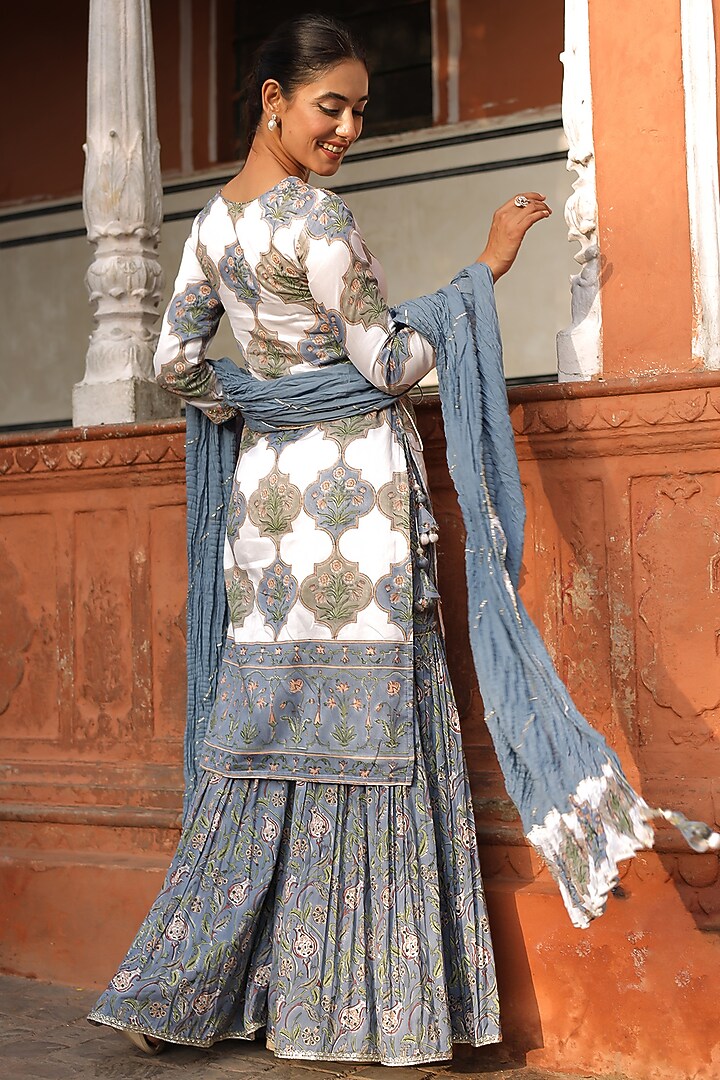 White Chanderi Printed & Zardosi Embroidered Party Wear Sharara Set by Zari Jaipur at Pernia's Pop Up Shop