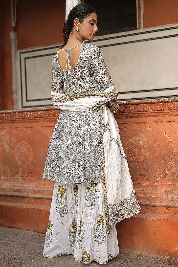 White Chanderi Printed & Zardosi Embroidered Party Wear Sharara Set by Zari Jaipur at Pernia's Pop Up Shop