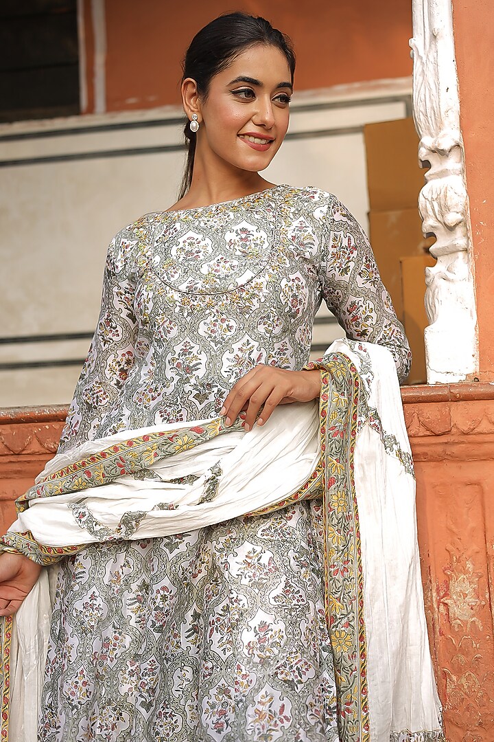 White Chanderi Printed & Zardosi Embroidered Party Wear Sharara Set by Zari Jaipur at Pernia's Pop Up Shop