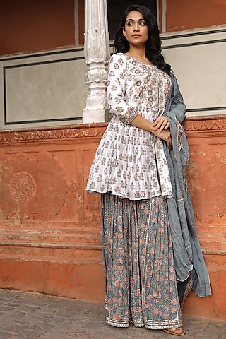 White Chanderi Printed & Gota Patti Embroidered Sharara Set by Zari Jaipur