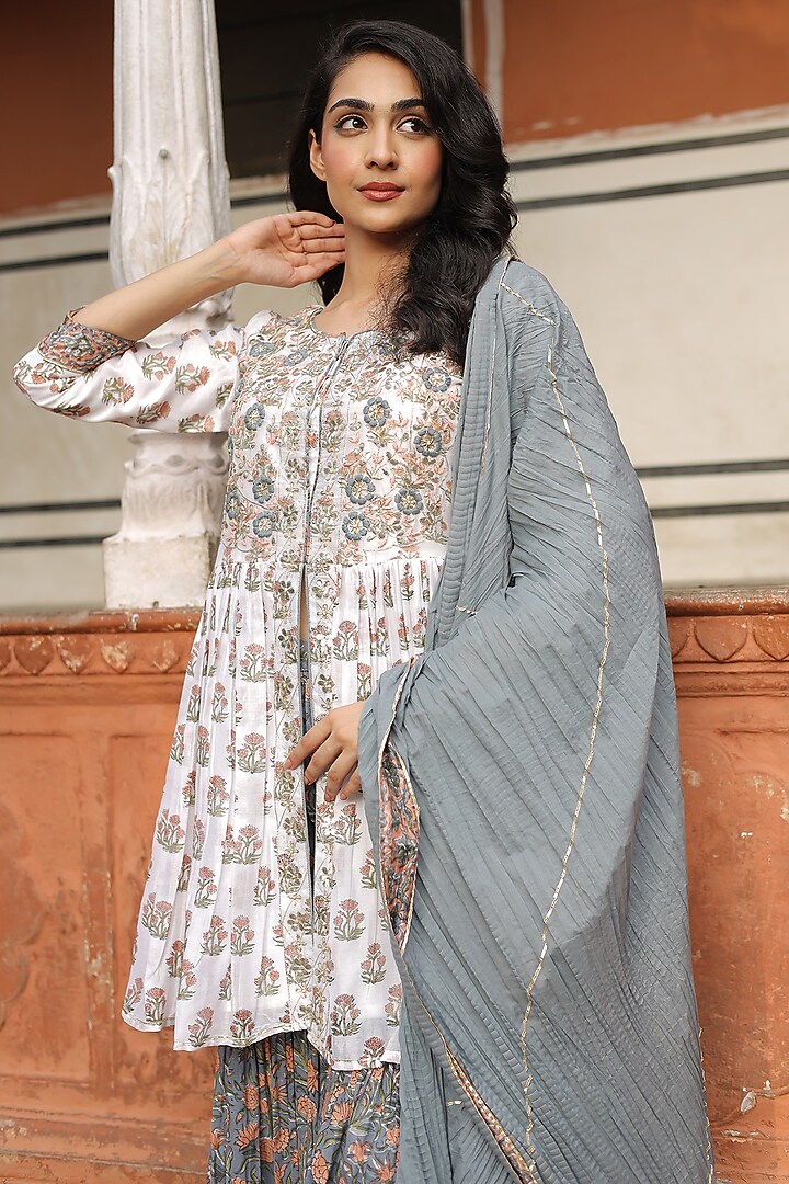 White Chanderi Printed & Gota Patti Embroidered Party Wear Sharara Set by Zari Jaipur at Pernia's Pop Up Shop