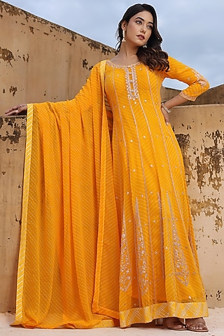 Yellow Georgette Pitta Embroidered Leheriya Anarkali With Dupatta by Zari Jaipur