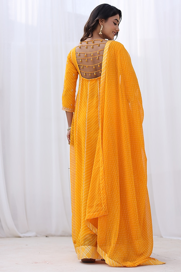Yellow Georgette Pitta Embroidered Leheriya Party Wear Anarkali With Dupatta by Zari Jaipur at Pernia's Pop Up Shop