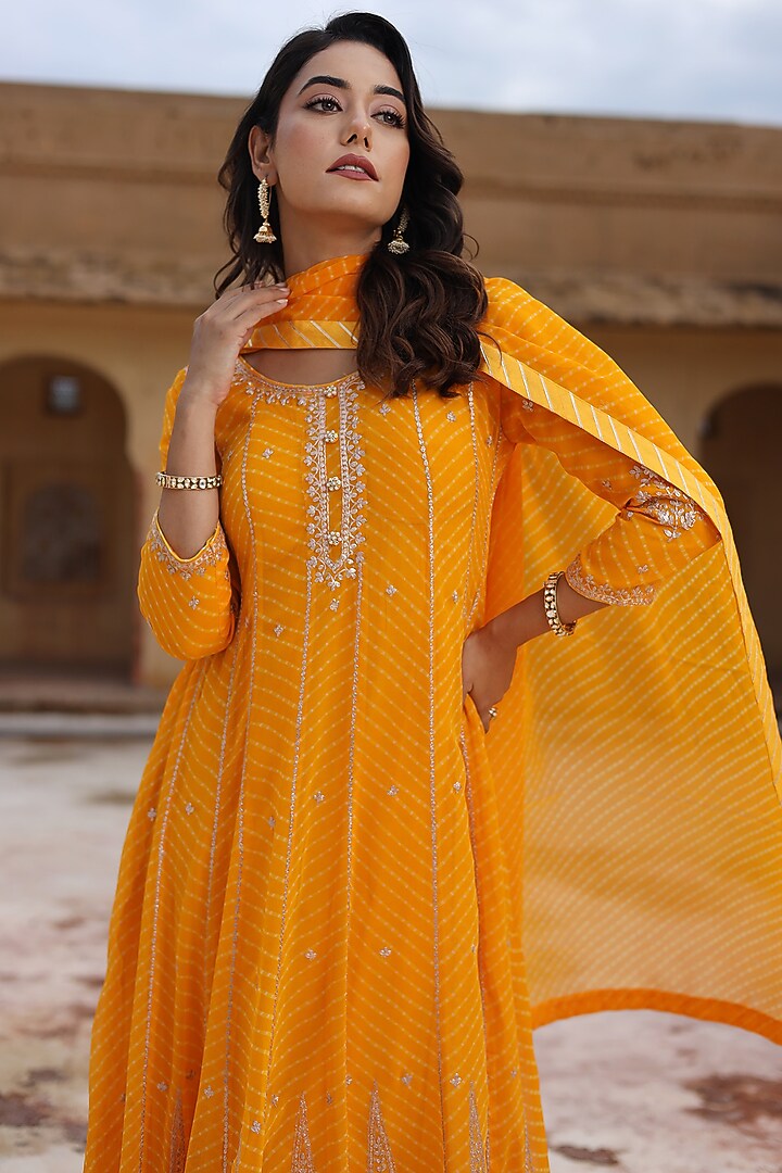 Yellow Georgette Pitta Embroidered Leheriya Party Wear Anarkali With Dupatta by Zari Jaipur at Pernia's Pop Up Shop