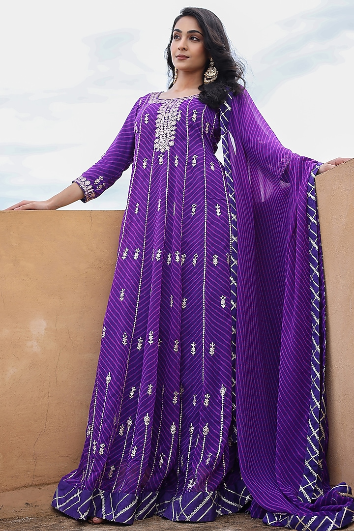 Purple Georgette Pitta Embroidered Leheriya Anarkali With Dupatta by Zari Jaipur at Pernia's Pop Up Shop