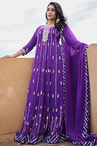 Purple Georgette Pitta Embroidered Leheriya Anarkali With Dupatta by Zari Jaipur