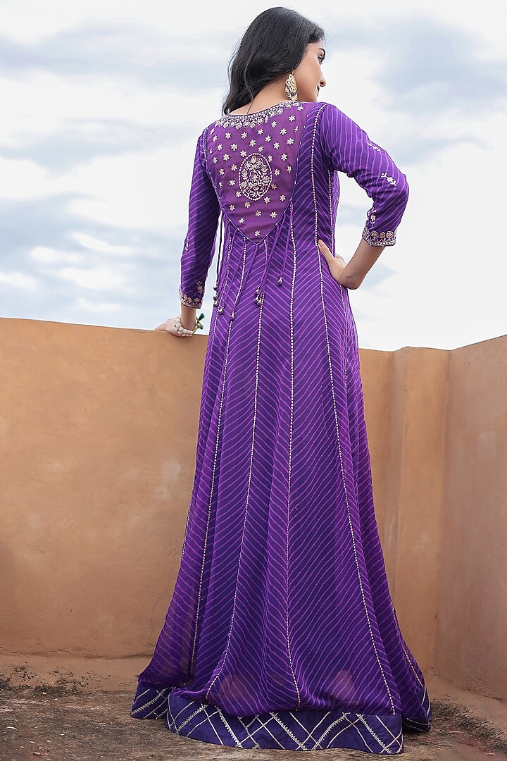 Purple Georgette Pitta Embroidered Leheriya Party Wear Anarkali With Dupatta by Zari Jaipur at Pernia's Pop Up Shop