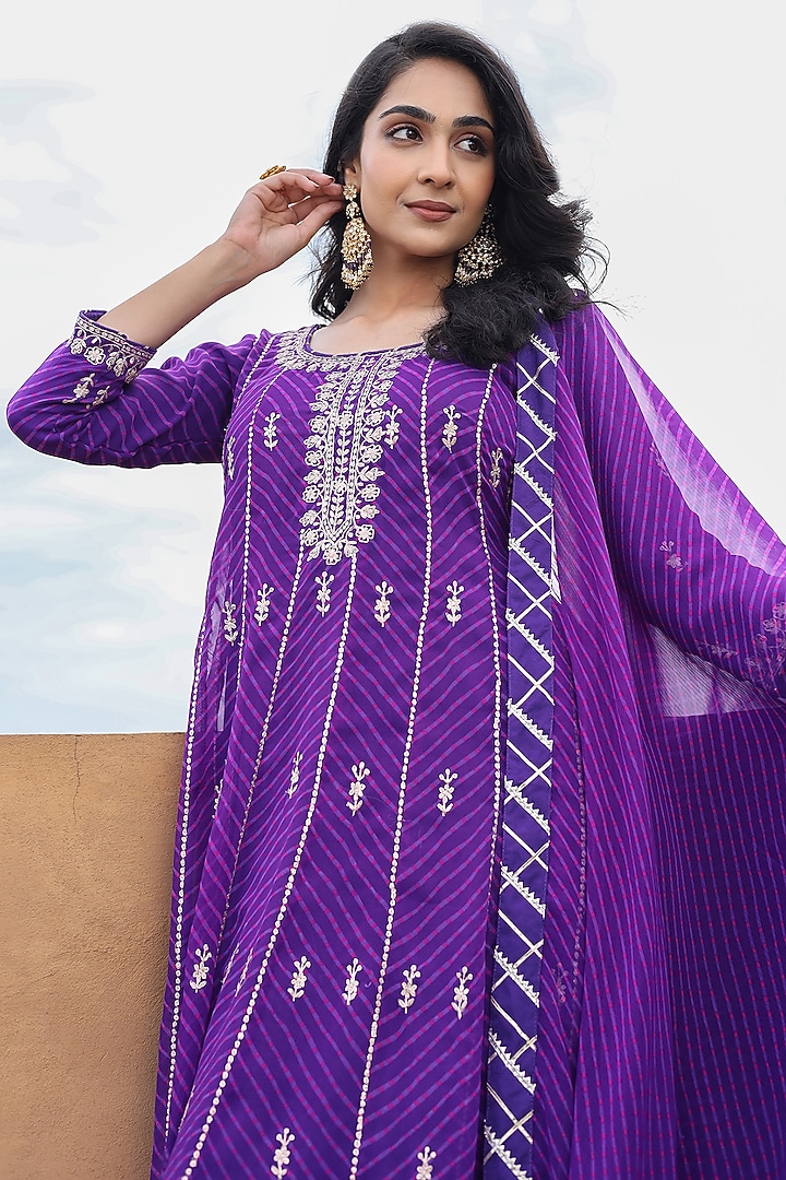 Purple Georgette Pitta Embroidered Leheriya Party Wear Anarkali With Dupatta by Zari Jaipur at Pernia's Pop Up Shop