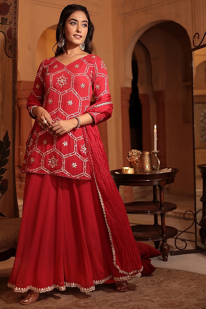 Red Georgette Aari & Gota Embroidered Sharara Set by Zari Jaipur at Pernia's Pop Up Shop