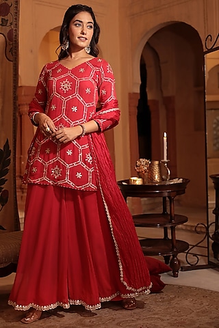 Red Georgette Aari & Gota Embroidered Sharara Set by Zari Jaipur