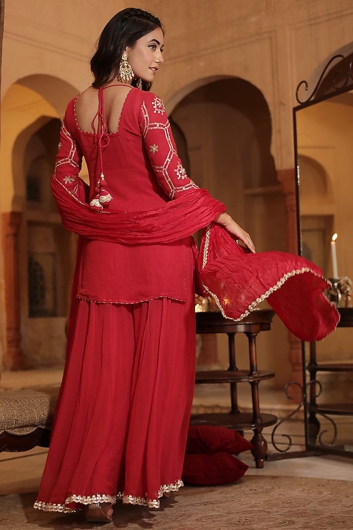Red Georgette Aari & Gota Embroidered Party Wear Sharara Set by Zari Jaipur at Pernia's Pop Up Shop