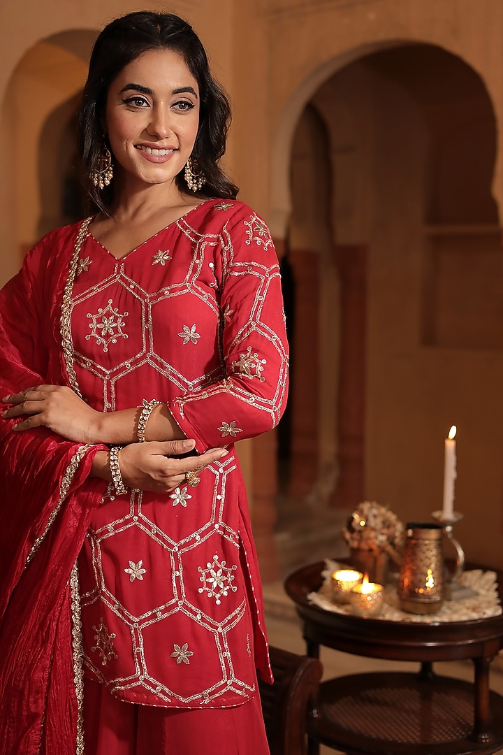 Red Georgette Aari & Gota Embroidered Party Wear Sharara Set by Zari Jaipur at Pernia's Pop Up Shop