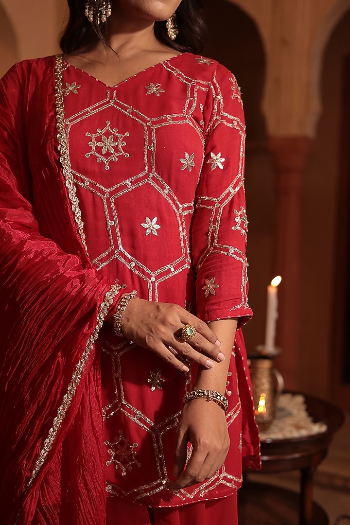 Red Georgette Aari & Gota Embroidered Party Wear Sharara Set by Zari Jaipur at Pernia's Pop Up Shop