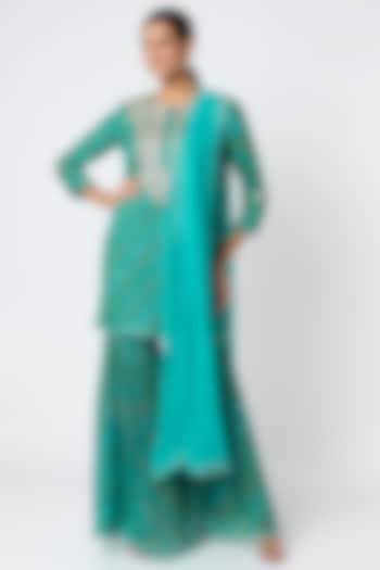 Turquoise Georgette Gharara Set by Zari Jaipur
