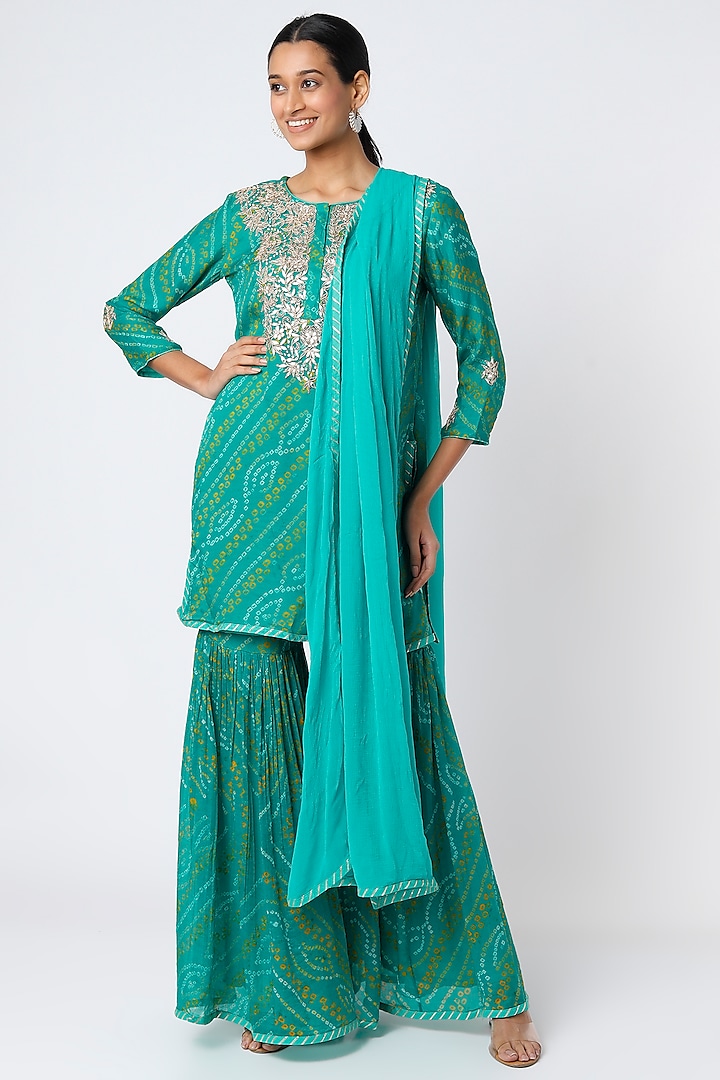 Turquoise Pure Georgette Bandhej Printed Gharara Set by Zari Jaipur