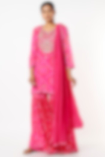 Hot Pink Pure Georgette Bandhej Gharara Set by Zari Jaipur