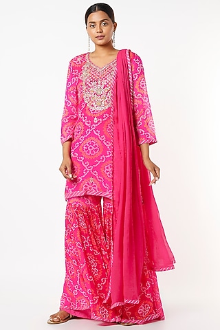 Hot Pink Pure Georgette Bandhej Gharara Set by Zari Jaipur