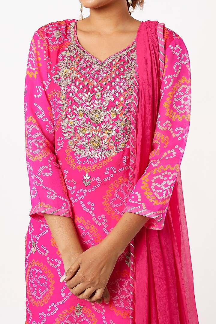 Hot Pink Pure Georgette Bandhej Gharara Set by Zari Jaipur at Pernia's Pop Up Shop