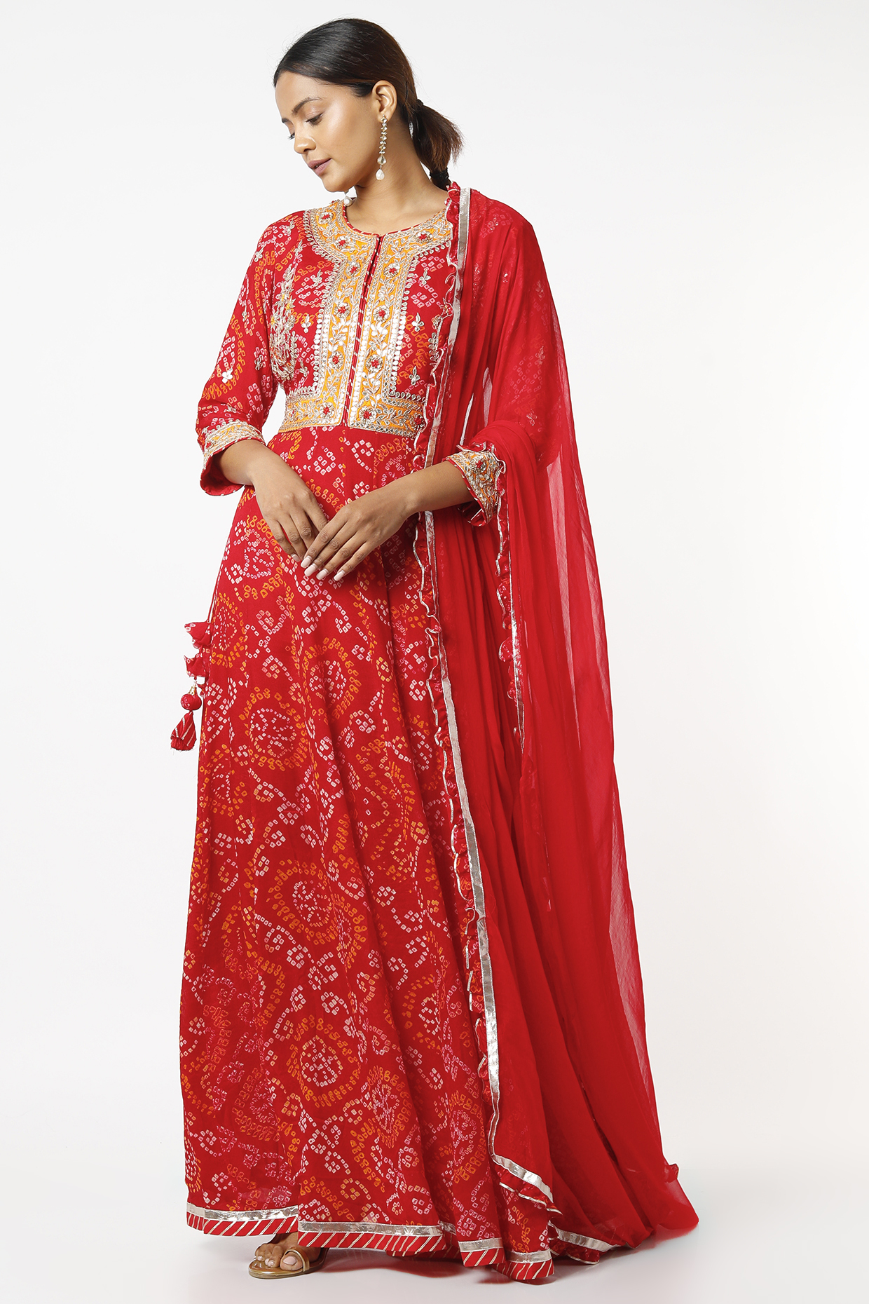 Fiery Red Pure Georgette Bandhej Kurta With Dupatta by Zari Jaipur at Pernia's Pop Up Shop