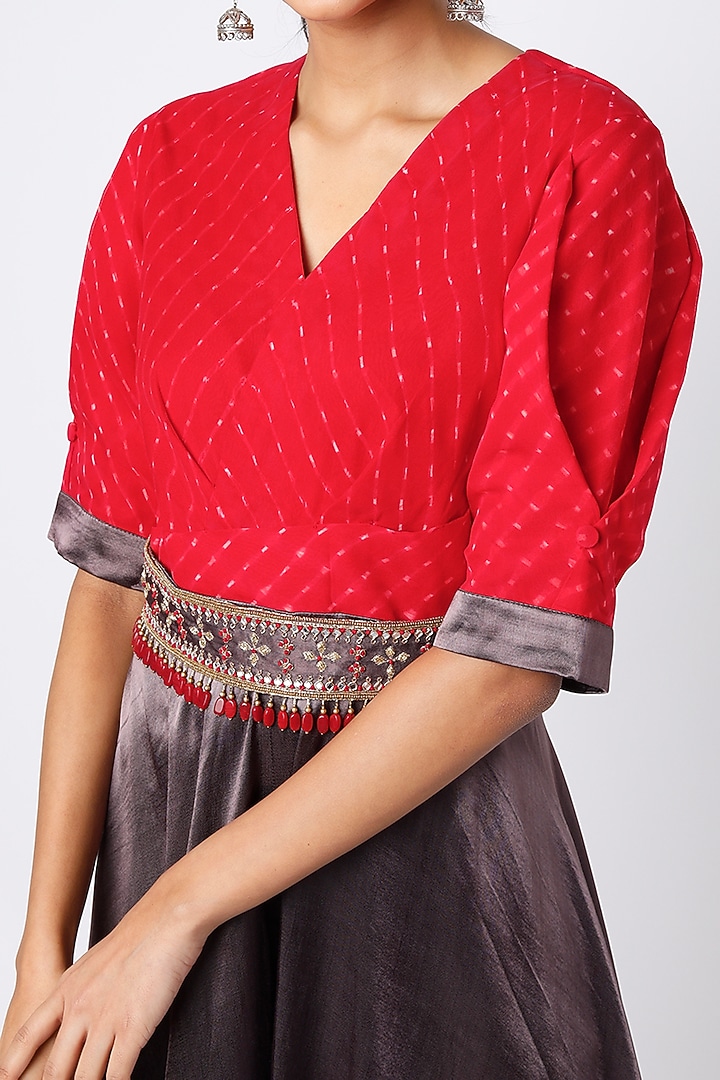 Fiery Red & Grey Leheriya Jumpsuit With Waist Belt by Zari Jaipur at Pernia's Pop Up Shop