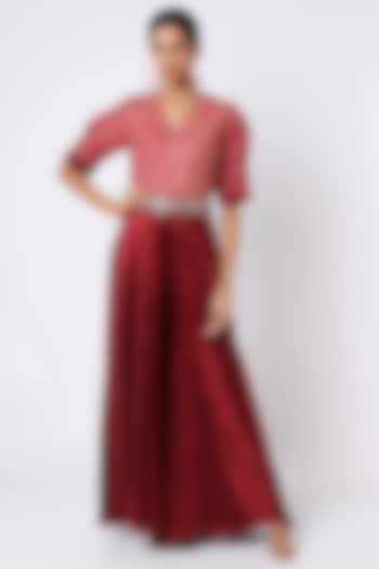 Cherry Red & Burnt Red Leheriya Jumpsuit With Waist Belt by Zari Jaipur at Pernia's Pop Up Shop