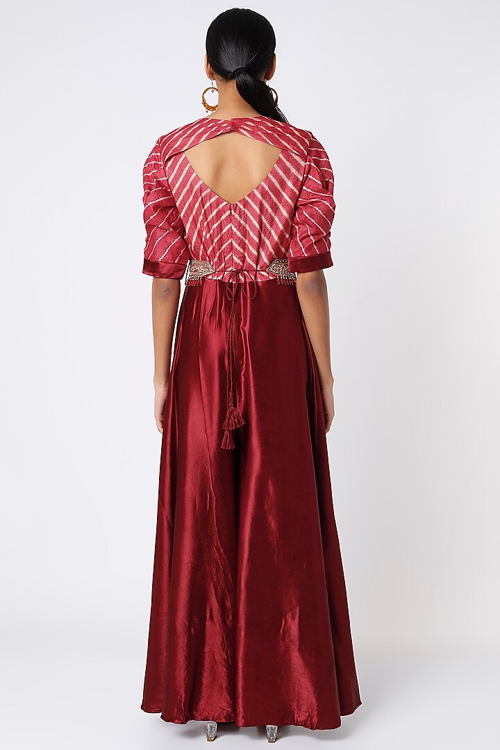 Cherry Red & Burnt Red Leheriya Jumpsuit With Waist Belt by Zari Jaipur at Pernia's Pop Up Shop