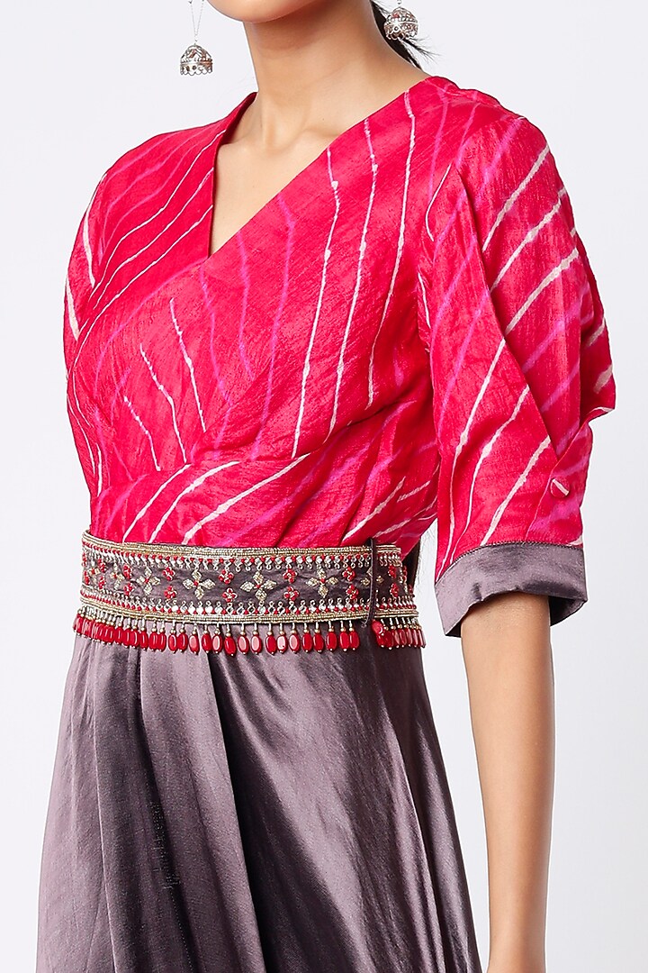 Poppy Red & Grey Leheriya Jumpsuit With Waist Belt by Zari Jaipur at Pernia's Pop Up Shop