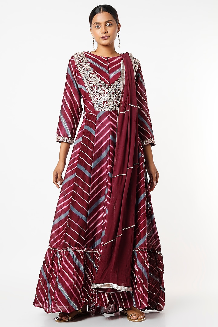 Wine & Purple Pure Chanderi Leheriya Kurta With Dupatta by Zari Jaipur at Pernia's Pop Up Shop
