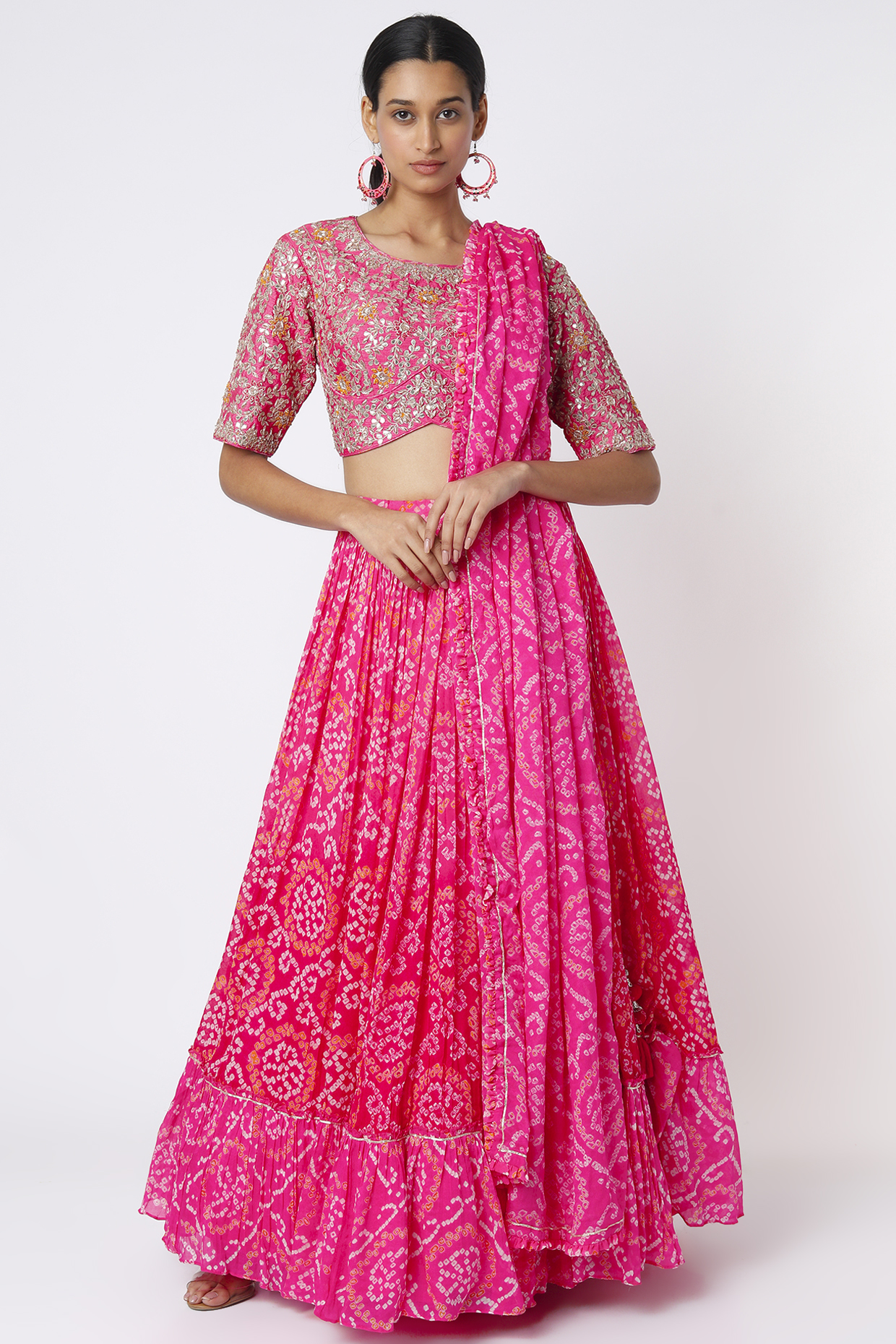 Raspberry Red Pure Georgette Bandhej Wedding Lehenga Set by Zari Jaipur at Pernia's Pop Up Shop