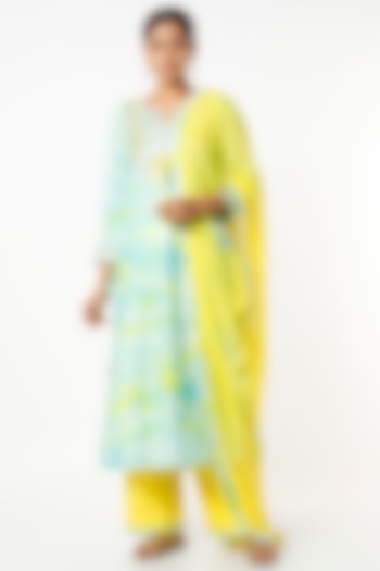 Aqua Blue & Bright Yellow Pure Chanderi Kurta Set by Zari Jaipur at Pernia's Pop Up Shop