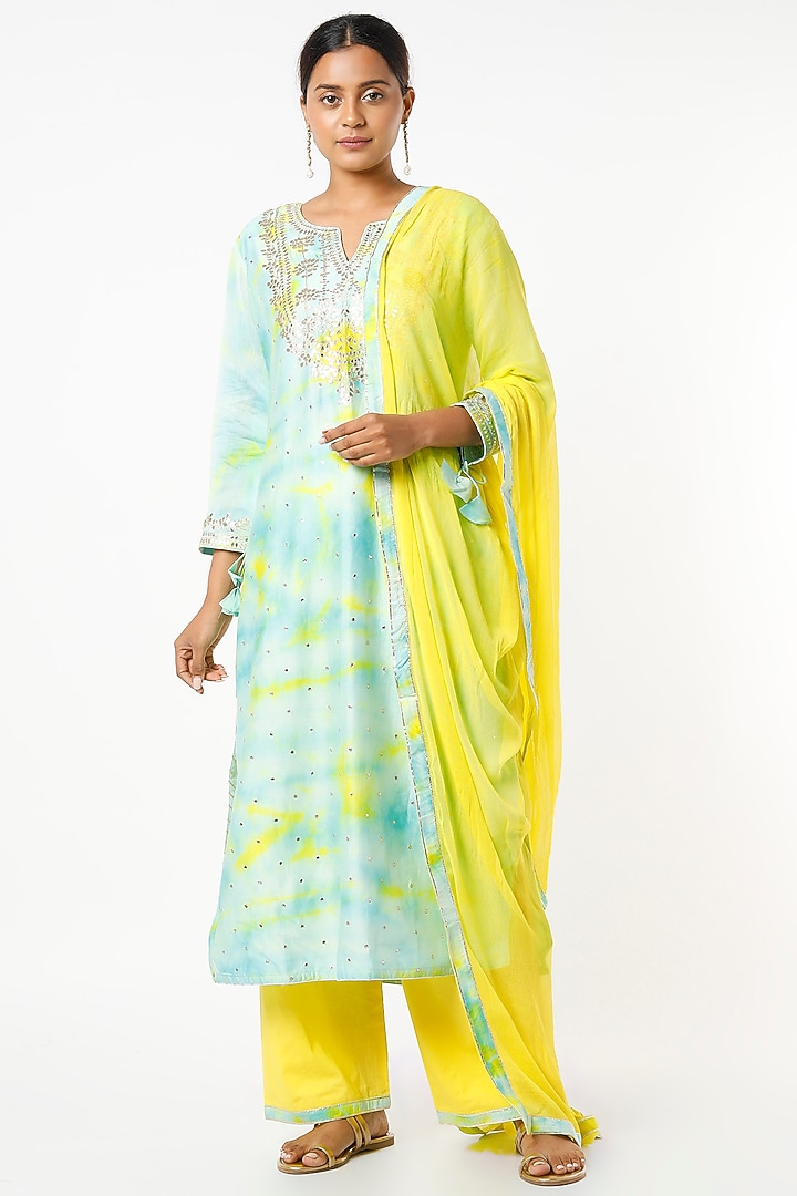 Aqua Blue & Bright Yellow Pure Chanderi Kurta Set by Zari Jaipur at Pernia's Pop Up Shop
