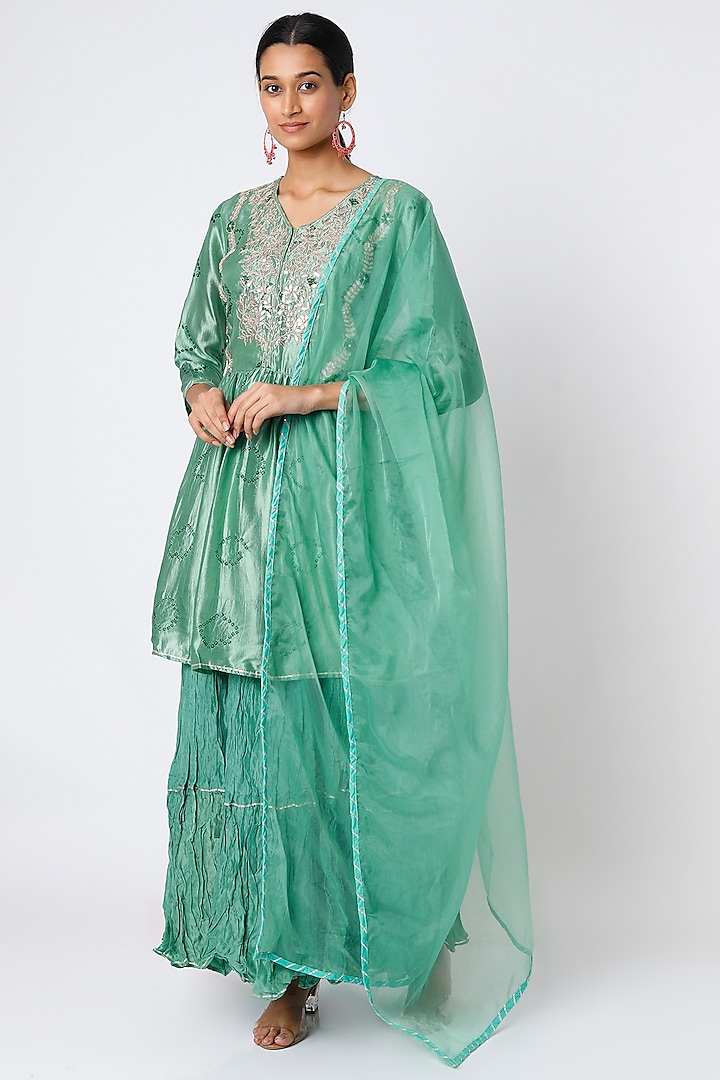 Turquoise Tussar Silk Kurta Set by Zari Jaipur at Pernia's Pop Up Shop