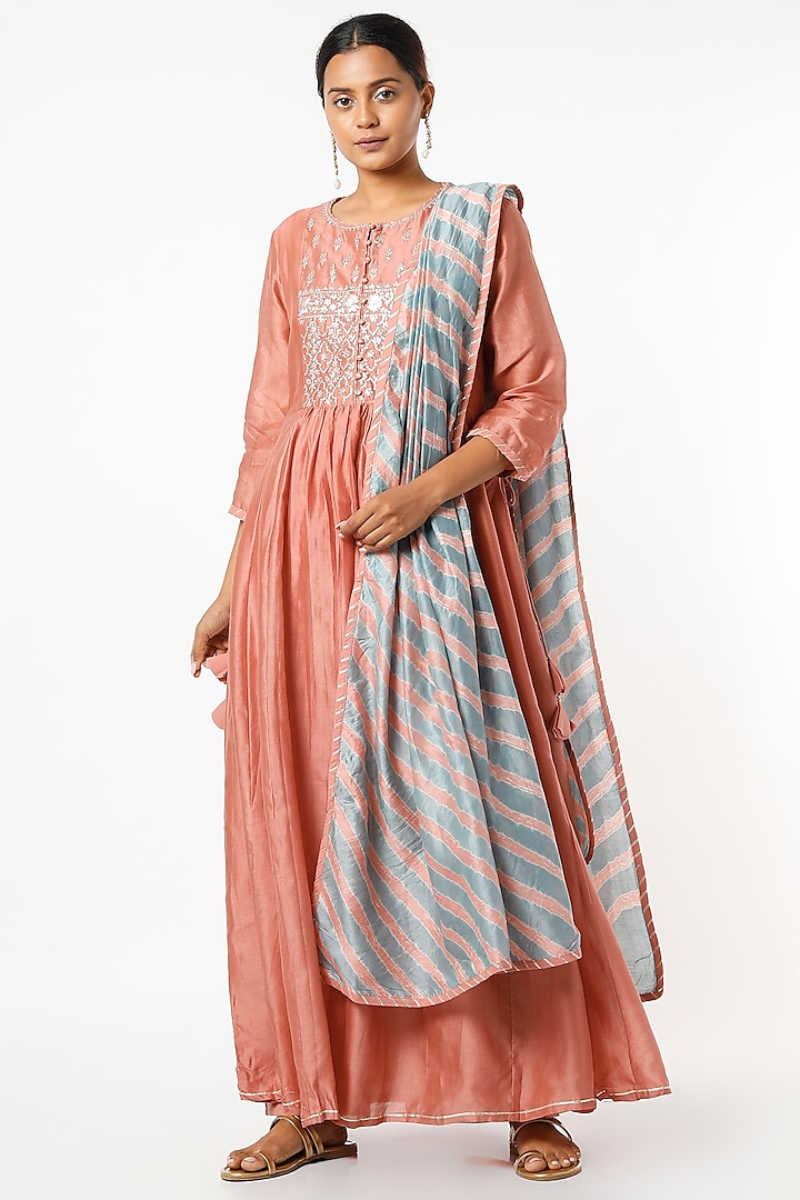 Peach Pure Chanderi Kurta Set by Zari Jaipur