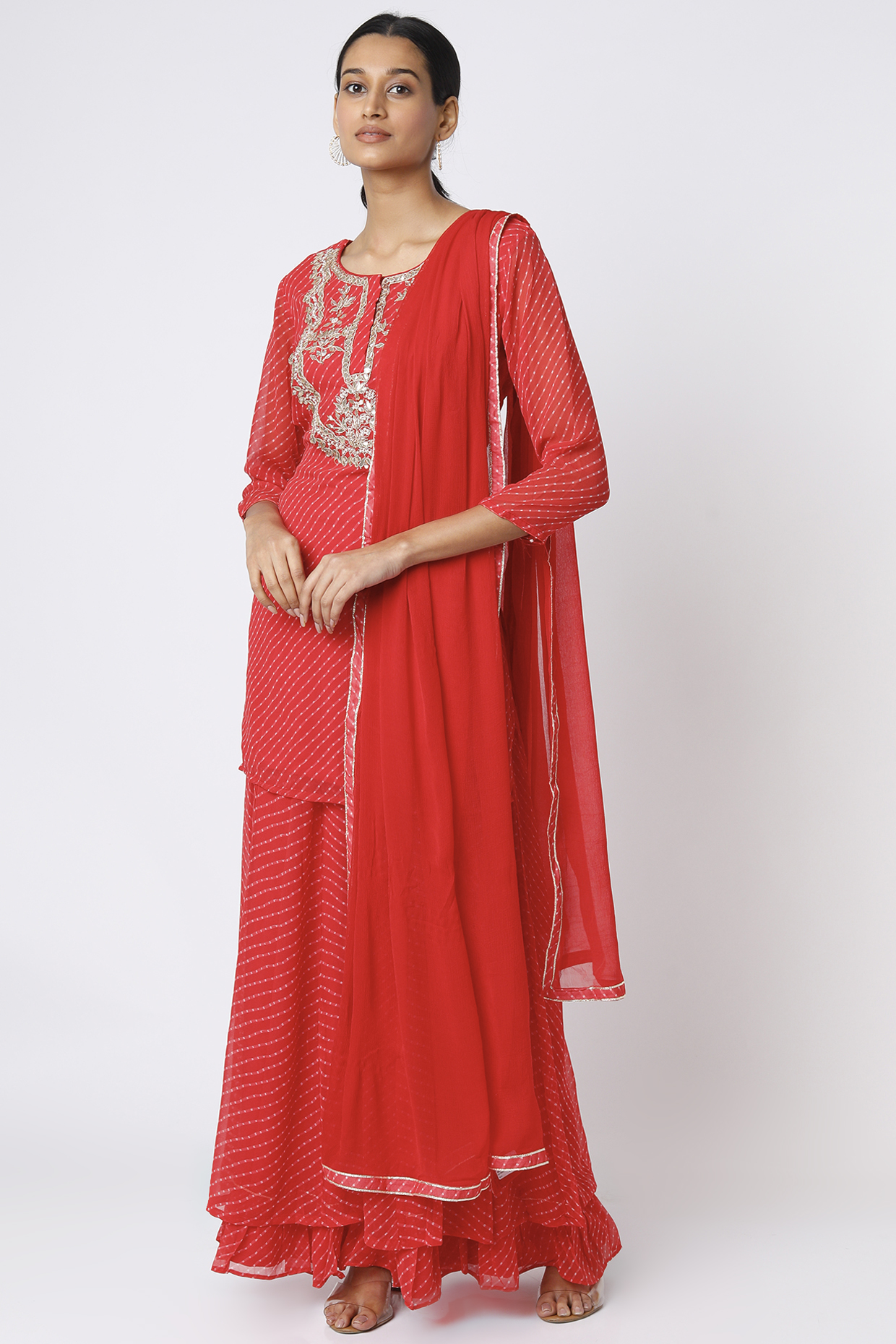 Red Viscose Georgette Sharara Set by Zari Jaipur