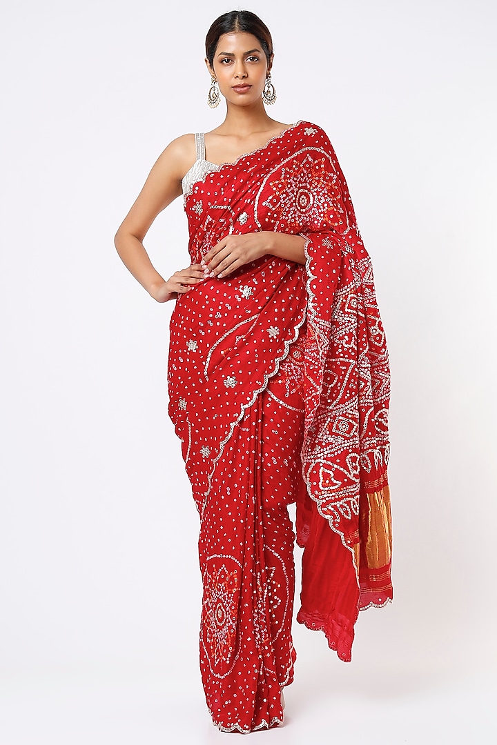 Red Embroidered Saree With Blouse Piece by Zari Jaipur