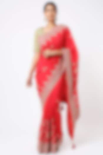Red Pure Silk Saree Set by Zari Jaipur