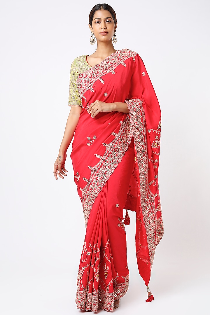 Red Pure Silk Saree Set by Zari Jaipur