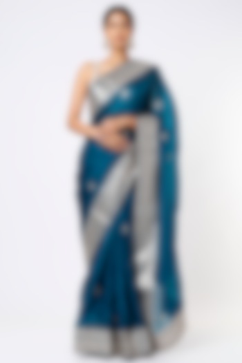 Teal Blue Pure Organza Gota Embroidered Wedding Saree Set by Zari Jaipur at Pernia's Pop Up Shop