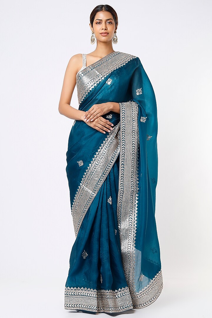 Teal Blue Pure Organza Gota Embroidered Wedding Saree Set by Zari Jaipur at Pernia's Pop Up Shop