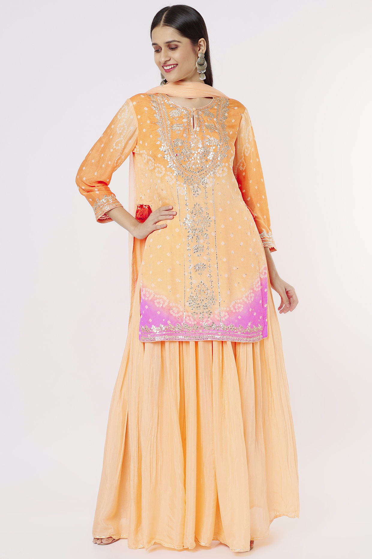 Peach Crepe Silk Gharara Set by Zari Jaipur at Pernia's Pop Up Shop