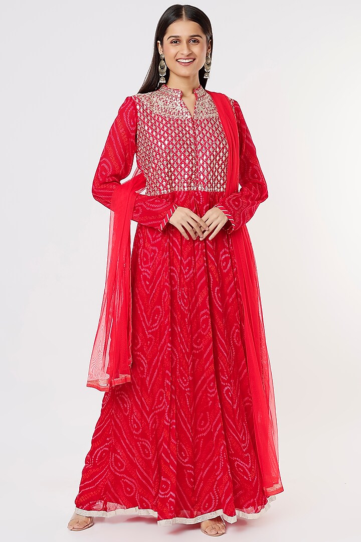 Red Embroidered Anarkali Set by Zari Jaipur