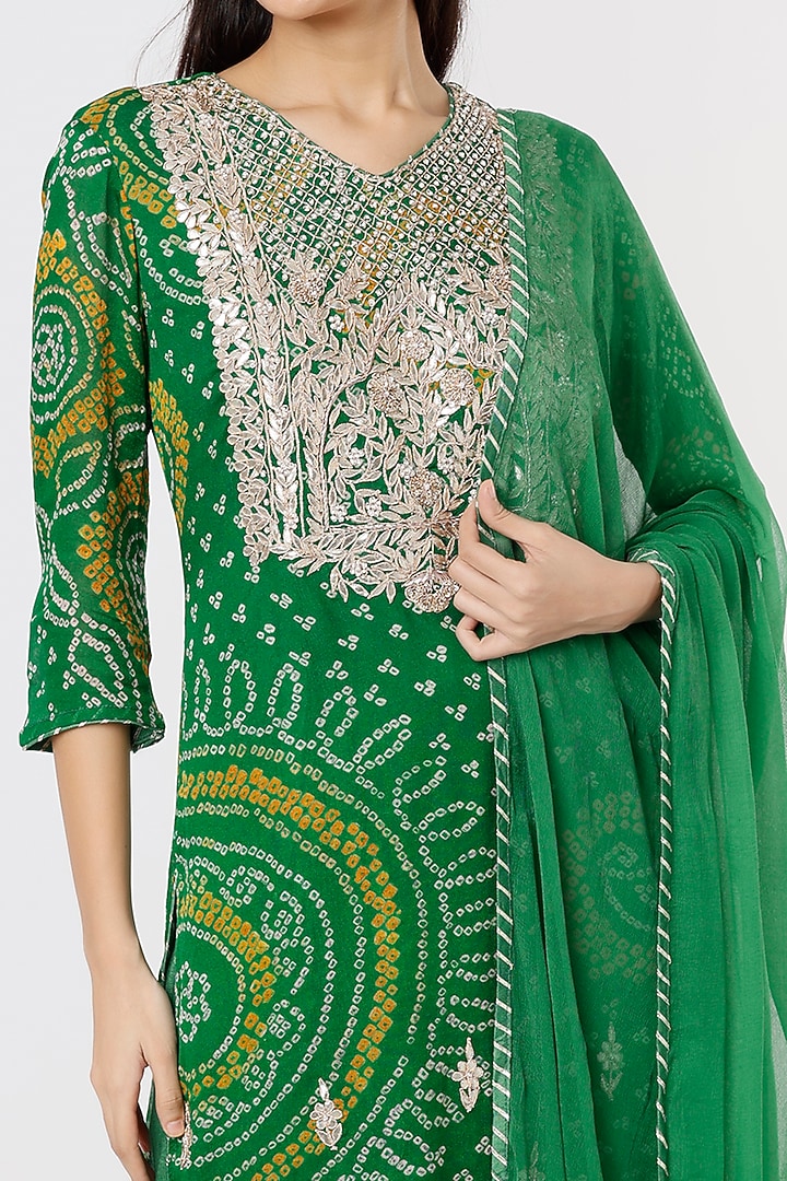 Green Georgette Bandhej Kurta Set by Zari Jaipur at Pernia's Pop Up Shop